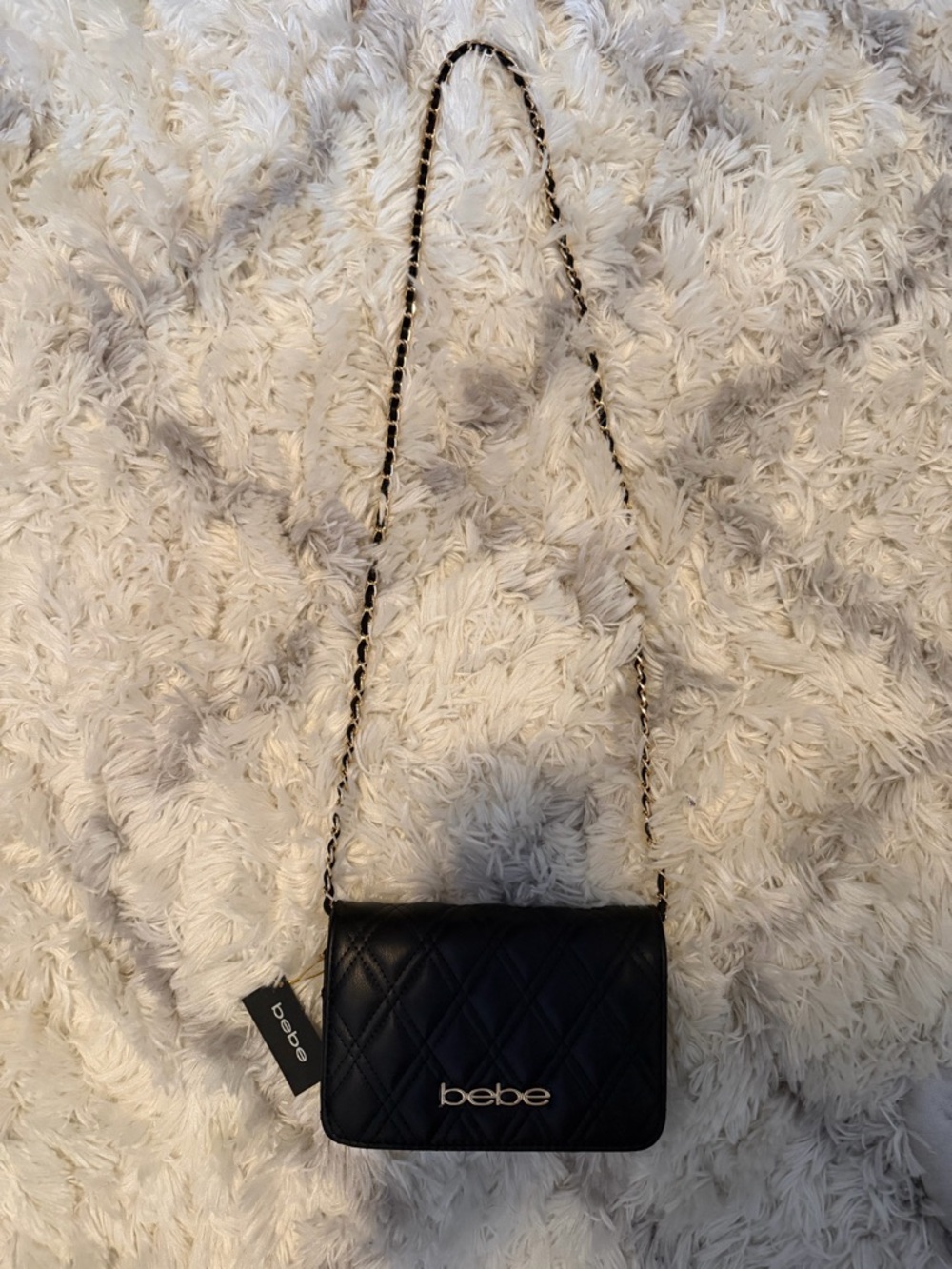 bebe Black Quilted Crossbody with Gold Chain